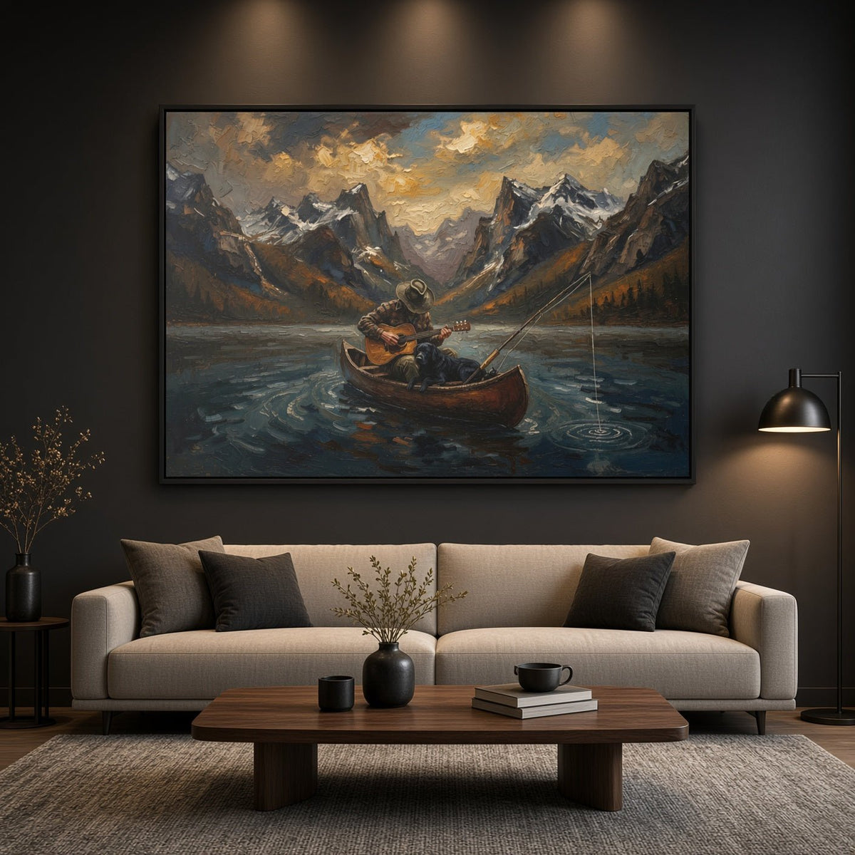 Framed canvas wall art showing boat with guitar-playing dog on mountain lake