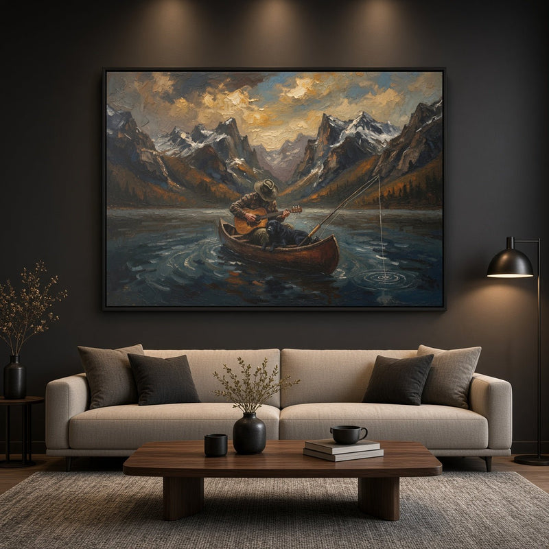 Framed canvas wall art showing boat with guitar-playing dog on mountain lake