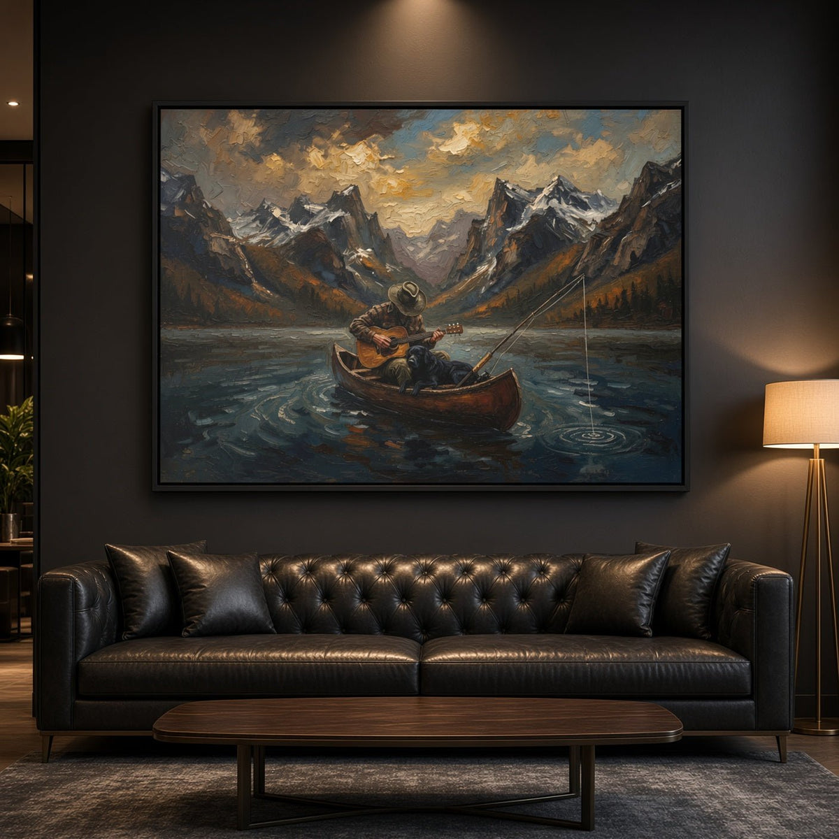 Framed black canvas wall art: boat with guitar-playing dog in mountain lake