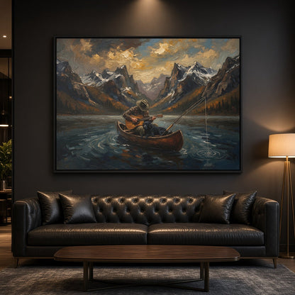 Framed black canvas wall art: boat with guitar-playing dog in mountain lake