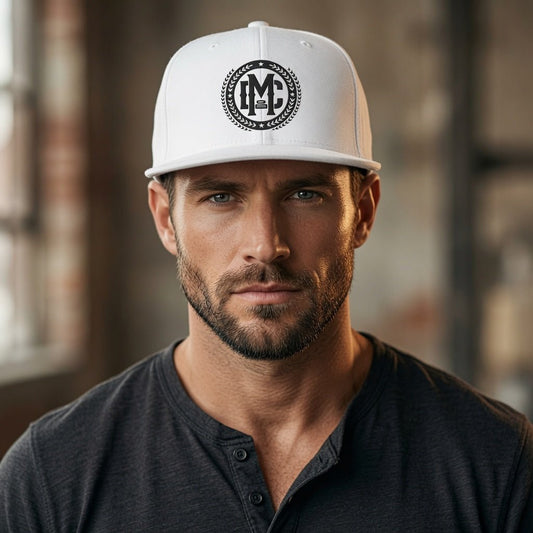 White flat bill snapback hat with front logo emblem