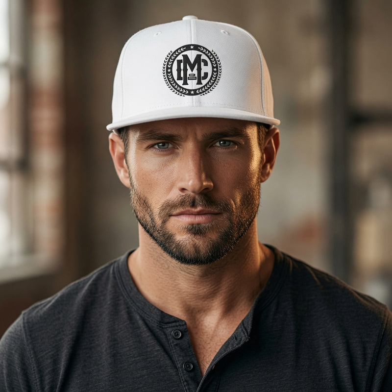 man cave black logo white hat 