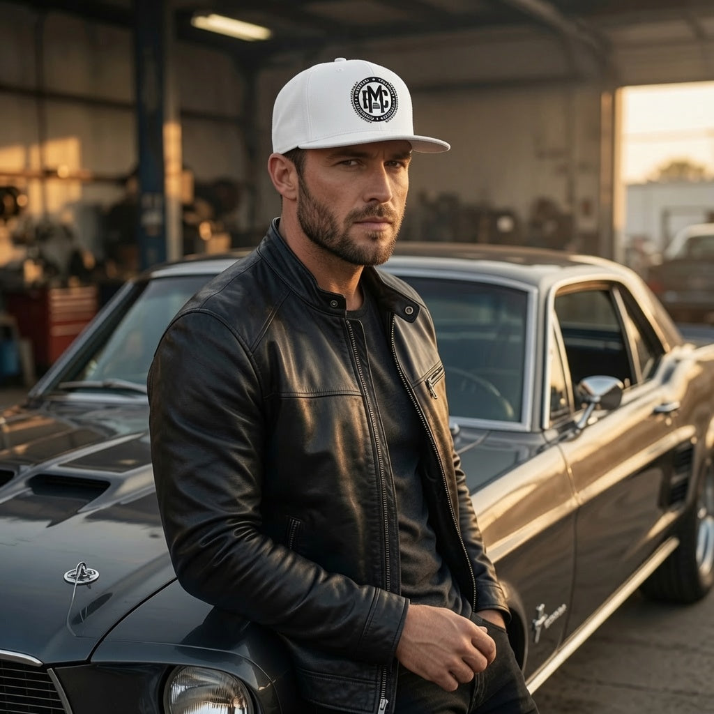 man cave black logo white hat. male wearing leaning against a muscle car 