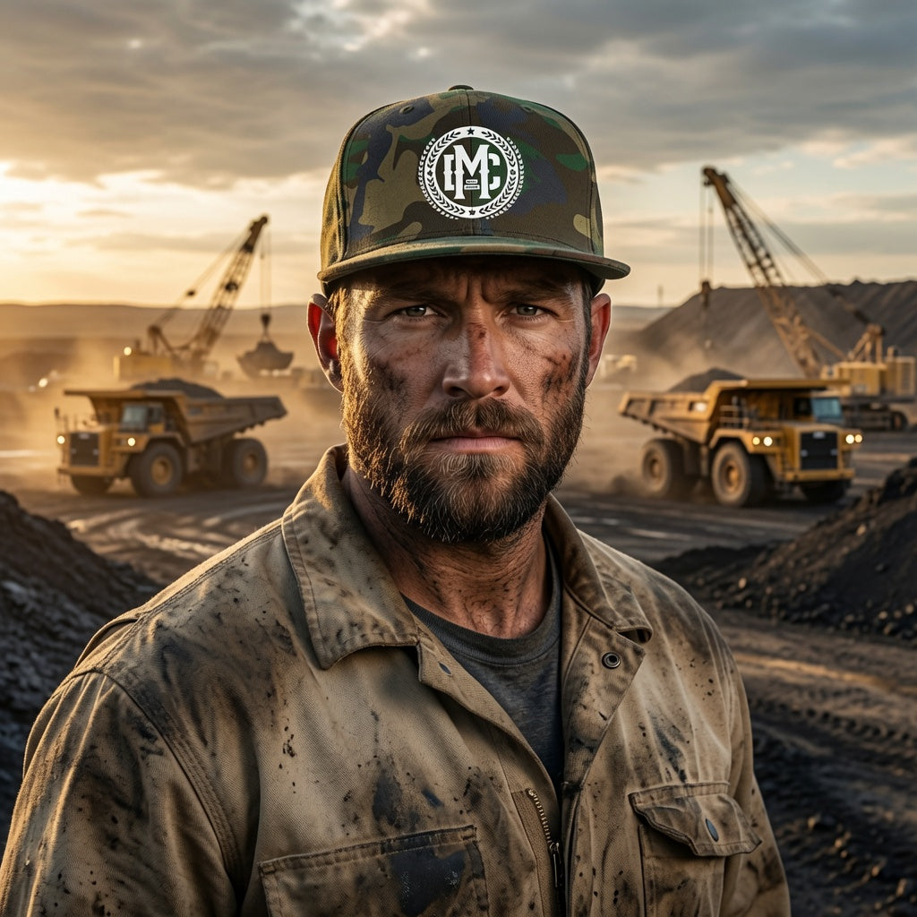 man cave white logo camo hat construction worker wearing it 