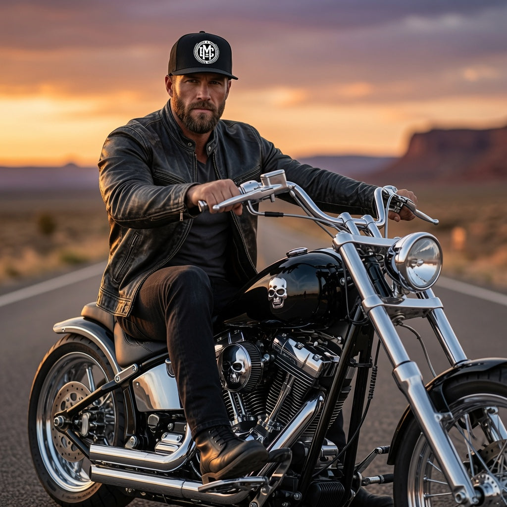 man cave white logo black hat . male model wearing it while on a chopper 