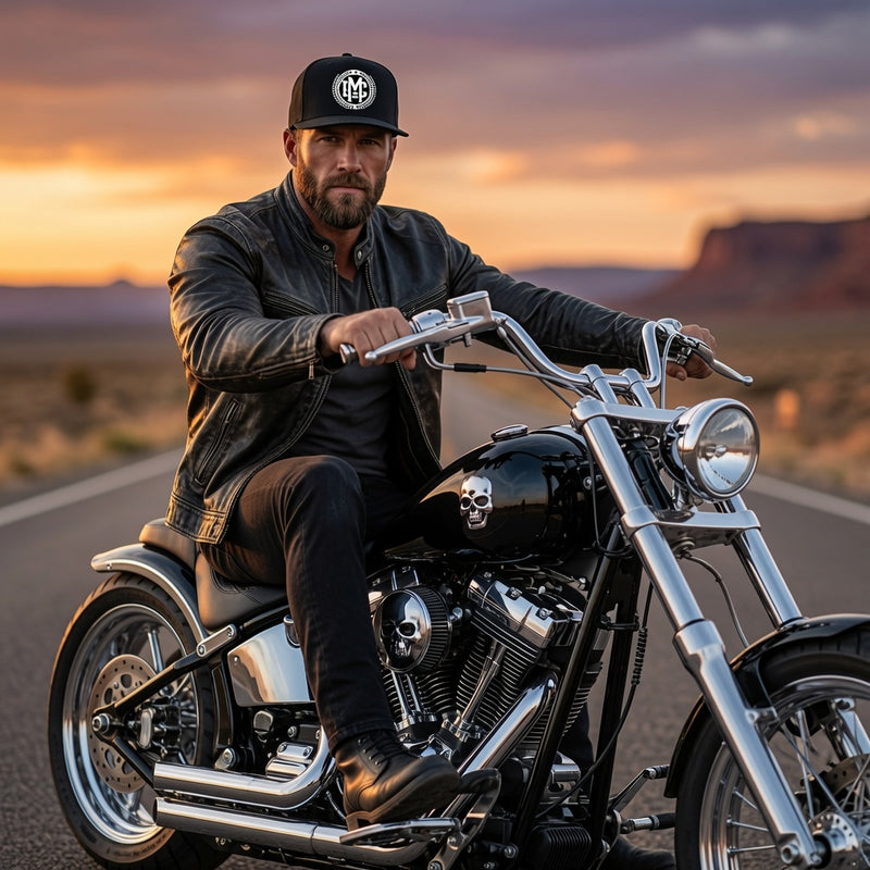 man cave white logo black hat . male model wearing it while on a chopper 