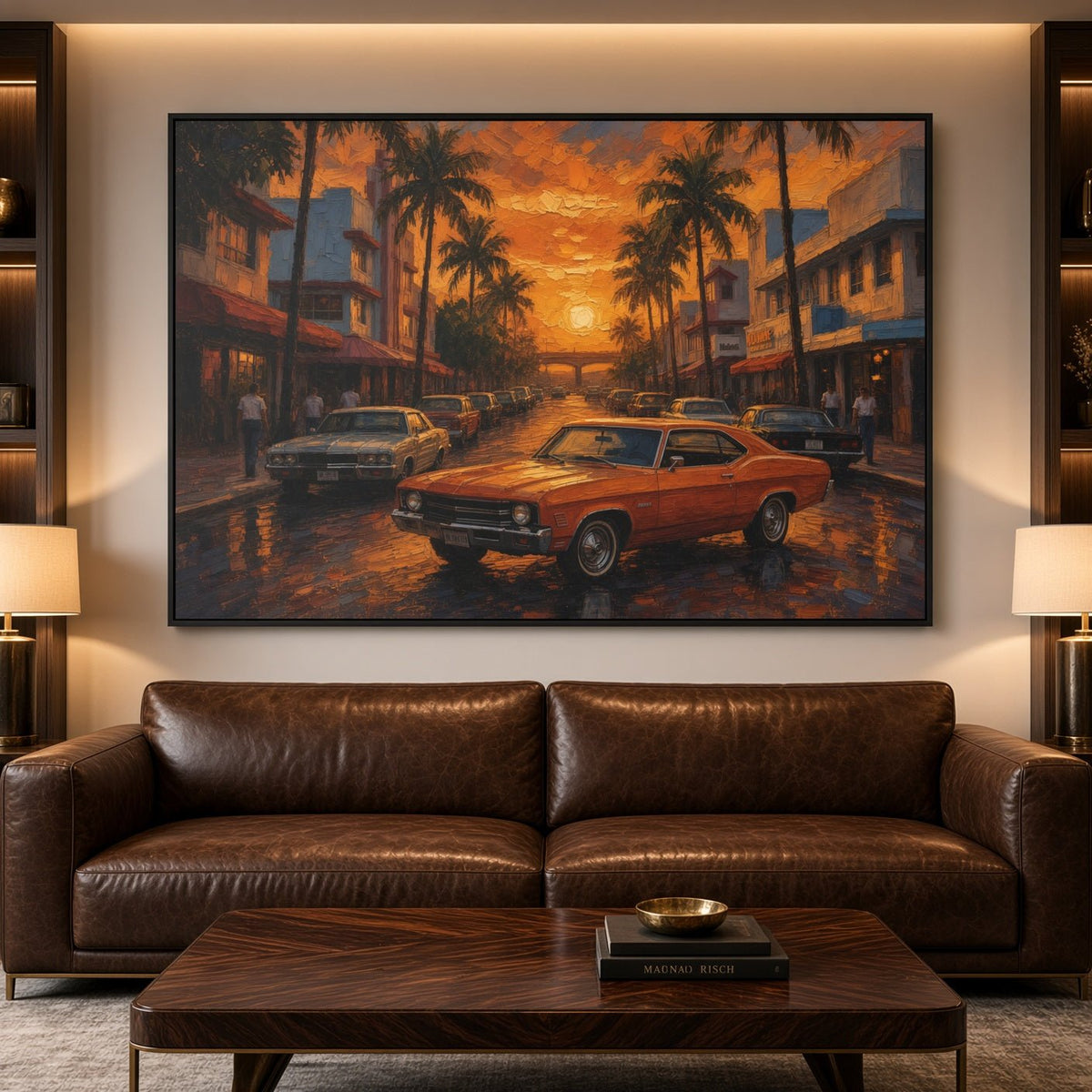 Framed canvas print with an orange vintage muscle car in a palm-lined city street scene