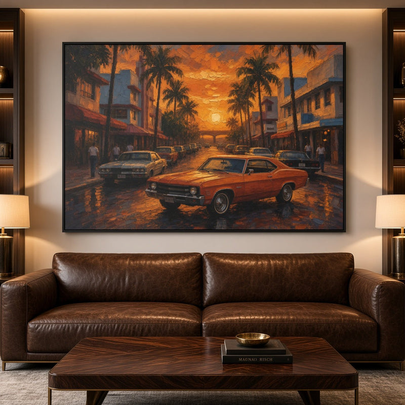 Framed canvas print with an orange vintage muscle car in a palm-lined city street scene
