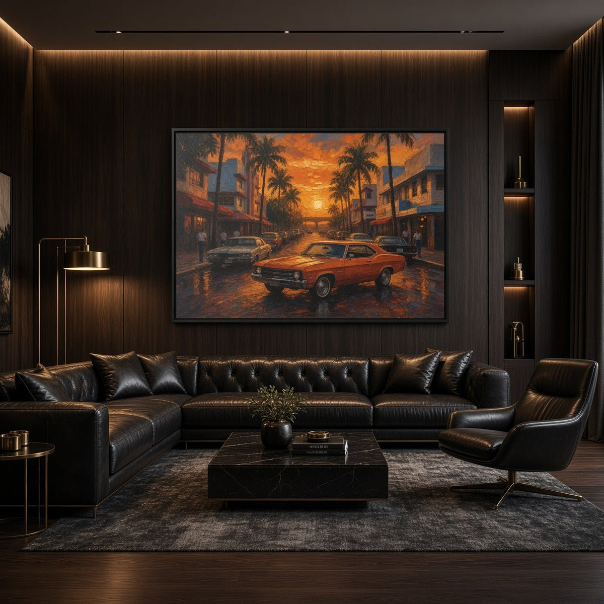 Framed canvas wall art centered in a room, featuring orange muscle car sunset street scene