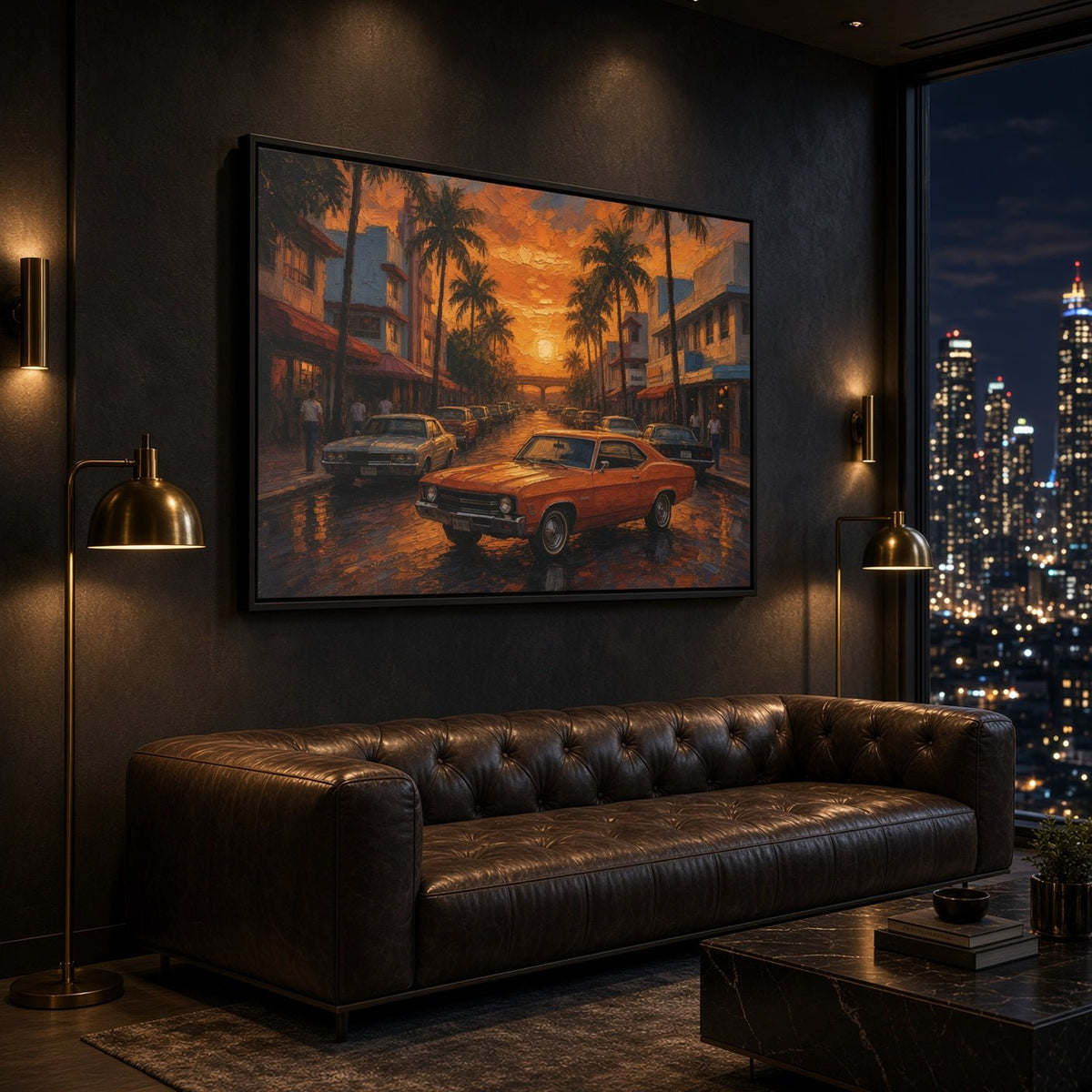 Framed canvas wall art with orange muscle car on a palm-lined street at sunset