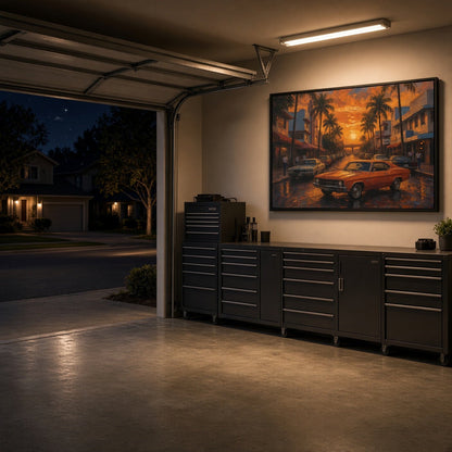 Framed canvas wall art on a wall featuring orange muscle car and palm-lined sunset street