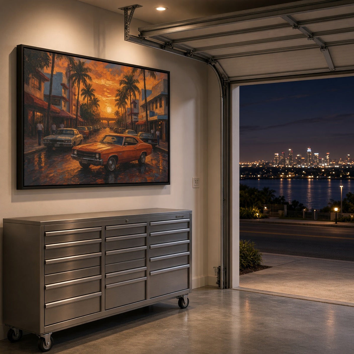 Framed canvas wall art mounted on a wall with orange muscle car sunset street scene