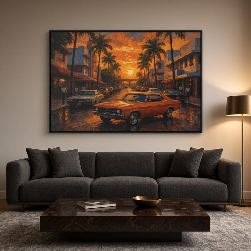 Framed canvas featuring an orange vintage muscle car in a palm-lined street at sunset