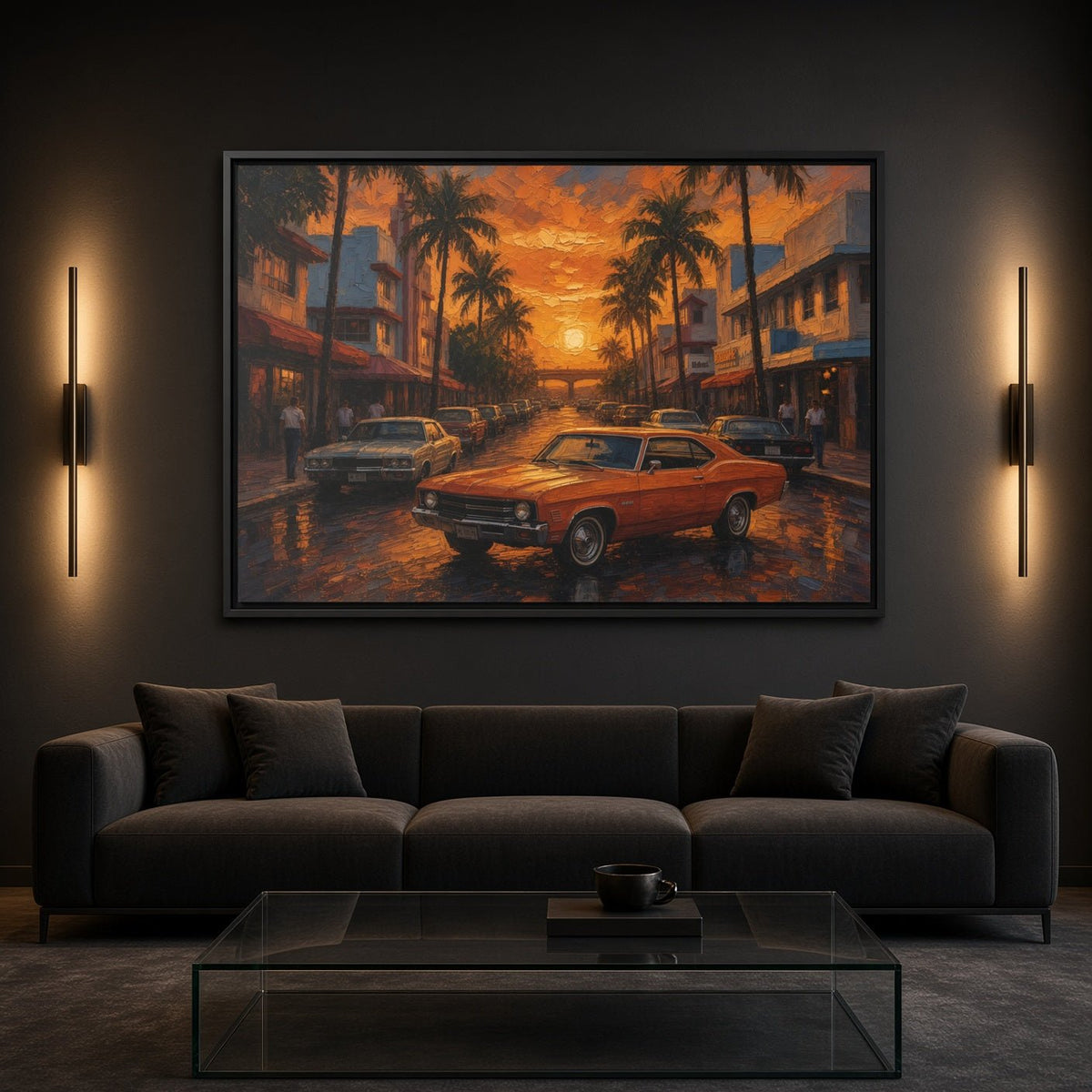 Framed canvas wall art of an orange classic muscle car on a wet tropical road at dusk