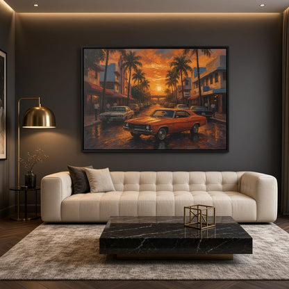 Framed canvas wall art with an orange vintage muscle car in a palm-lined street scene