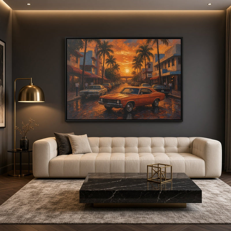 Framed canvas wall art with an orange vintage muscle car in a palm-lined street scene