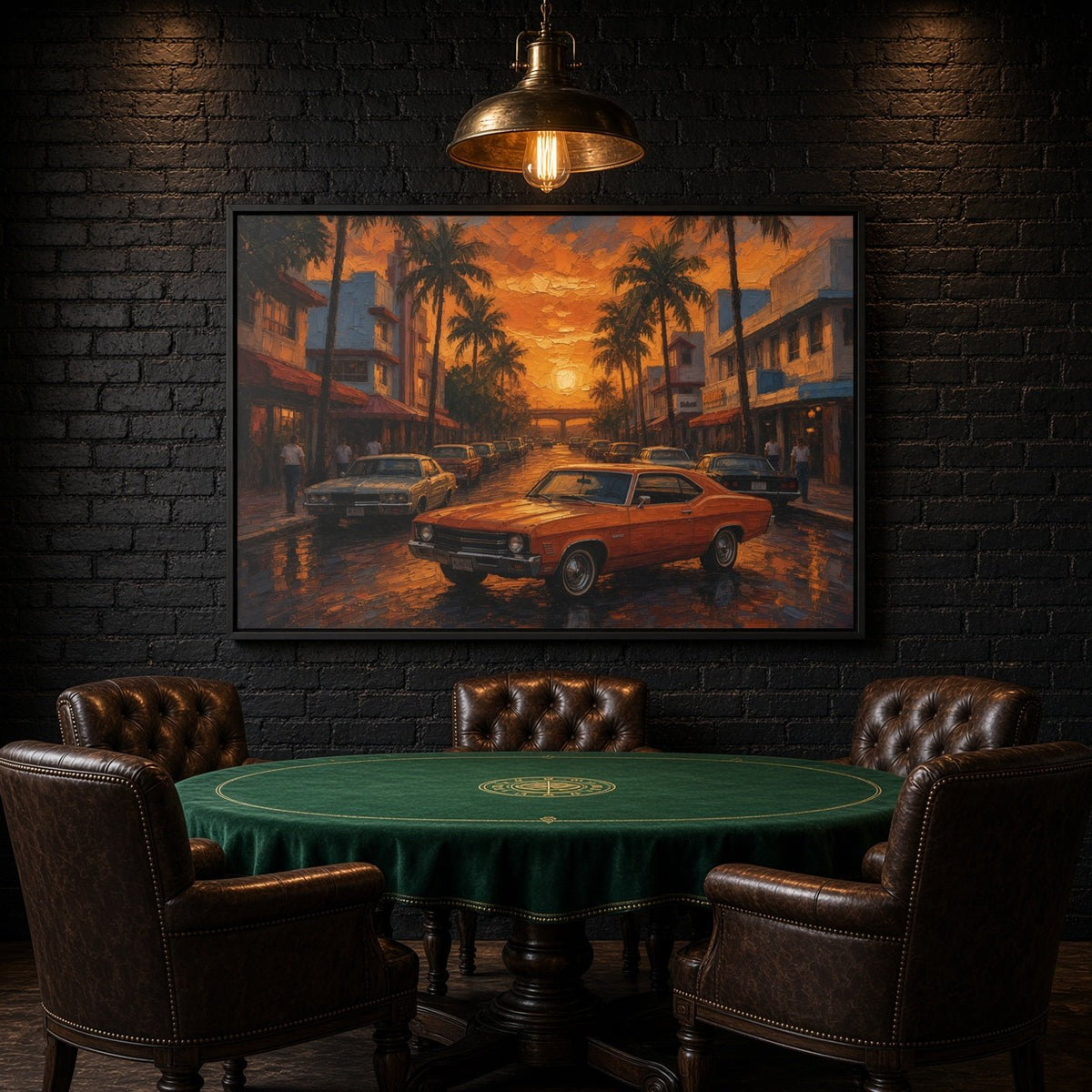 Framed canvas wall art featuring a 1970s orange muscle car on a tropical street at sunset