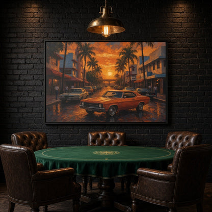 Framed canvas wall art featuring a 1970s orange muscle car on a tropical street at sunset