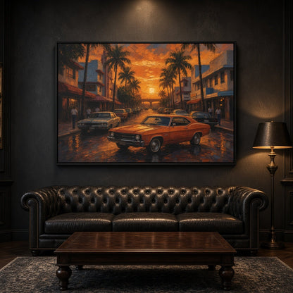 Framed canvas wall art featuring an orange muscle car on a tropical street at sunset
