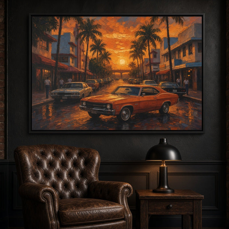 Framed canvas wall art of an orange classic muscle car on a tropical city street