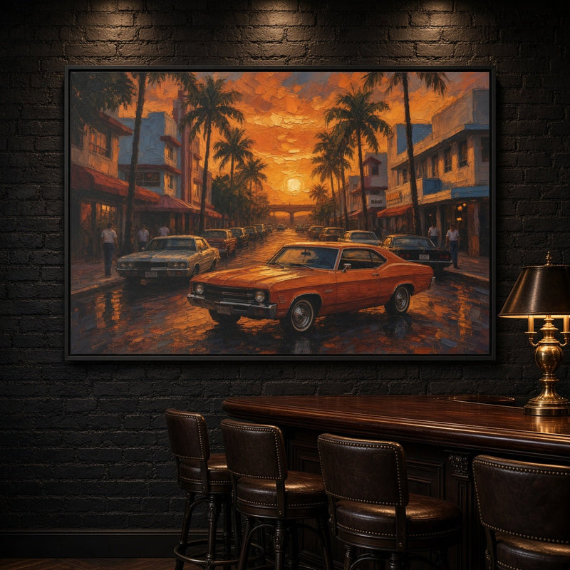 Framed canvas wall art with an orange muscle car driving through a palm-lined street
