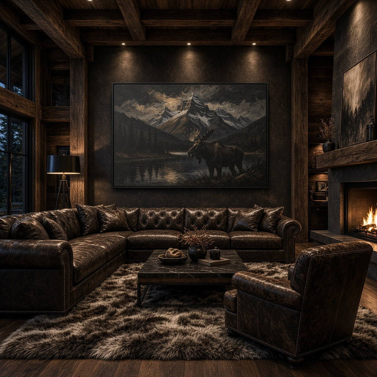 Framed moose and mountain lake canvas wall art displayed on a wall above a sofa