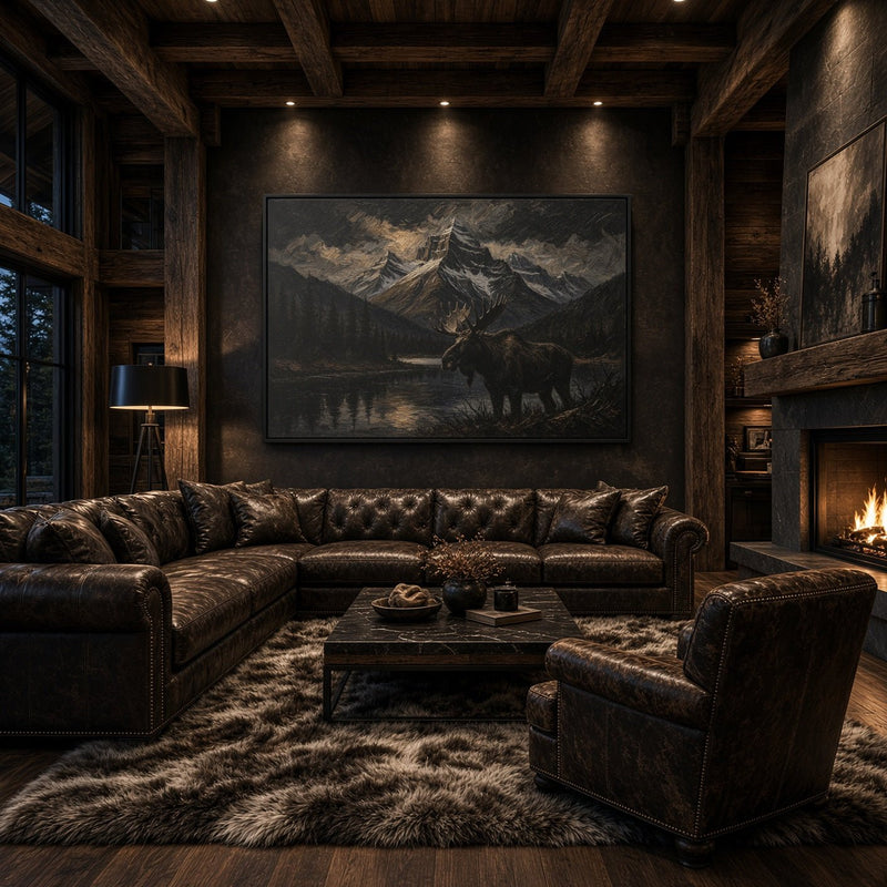 Framed moose and mountain lake canvas wall art displayed on a wall above a sofa