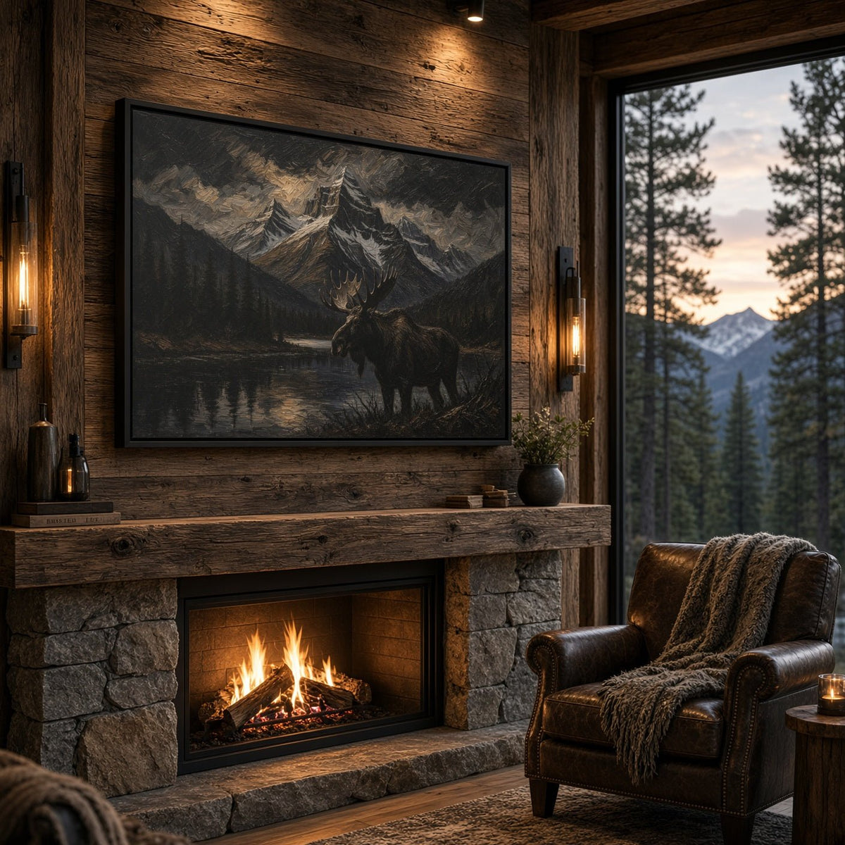 Moose Mountain Canvas framed moose in mountain lake landscape canvas