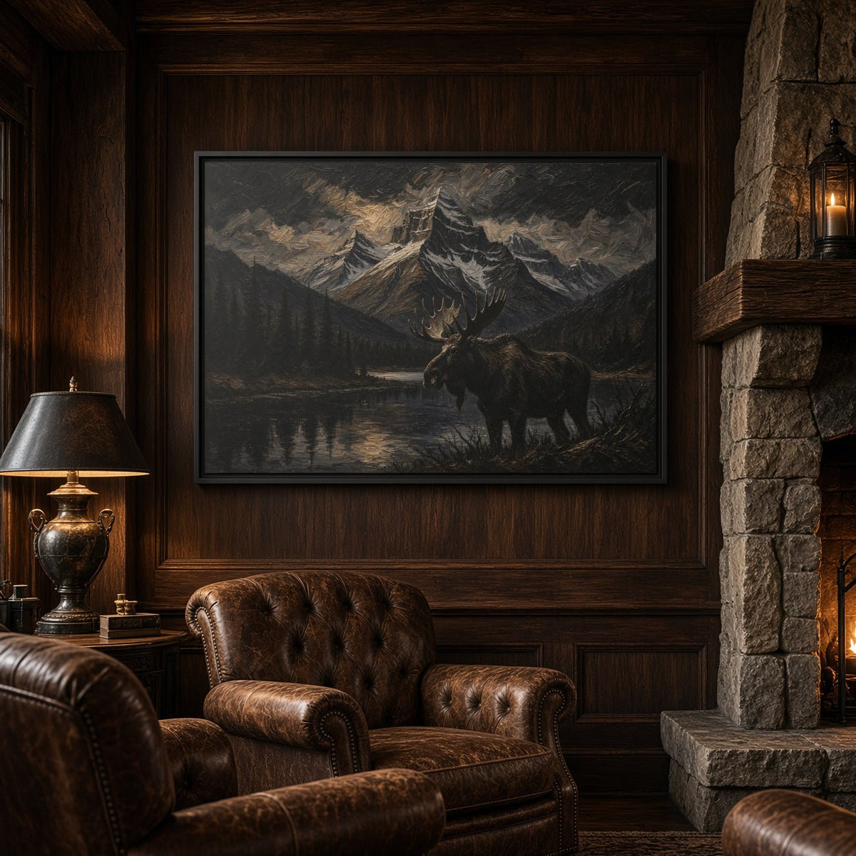Framed moose and mountain lake canvas wall art centered on a wood-paneled wall