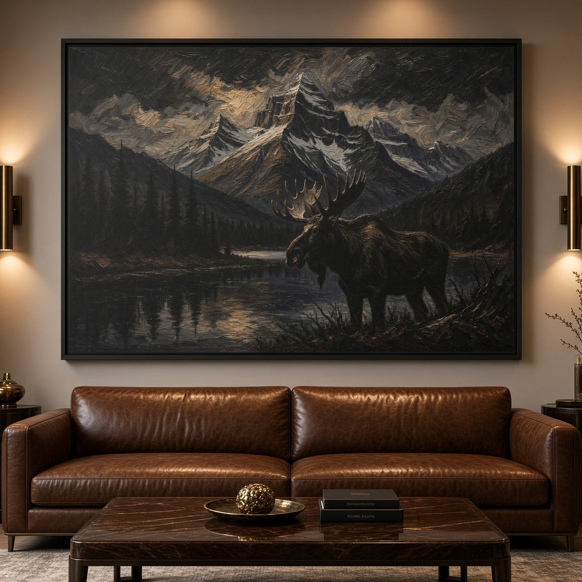 Framed moose in landscape canvas wall art above a brown leather sofa