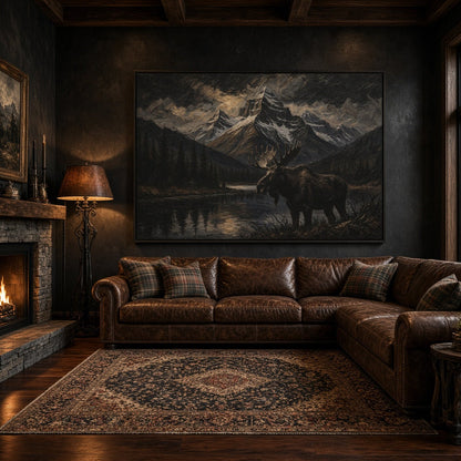 Framed moose and mountain lake canvas wall art in a lodge-style living room