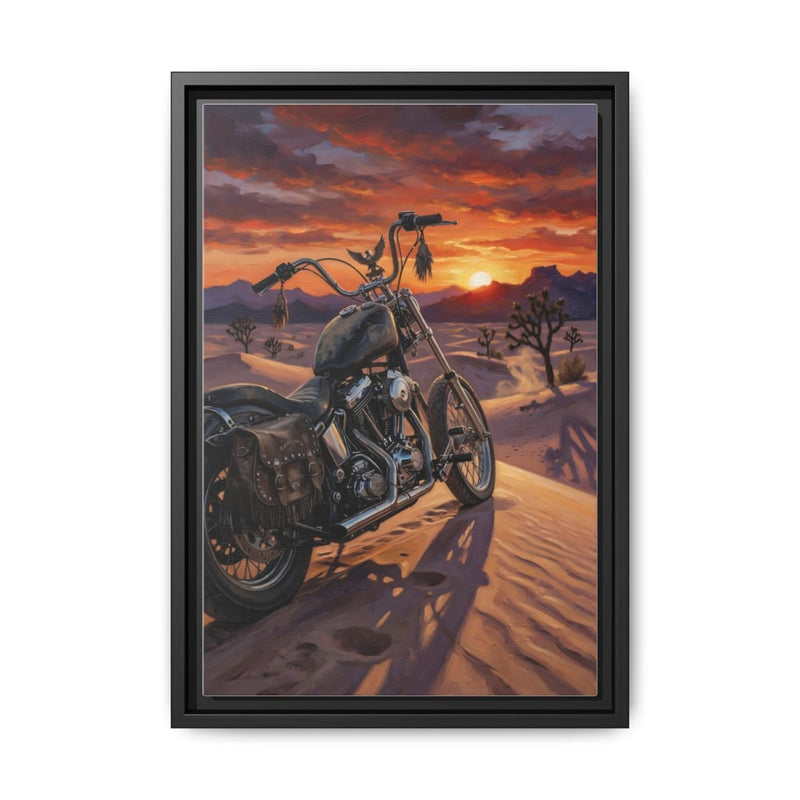 Framed motorcycle canvas wall art with black frame, desert sunset and centered bike