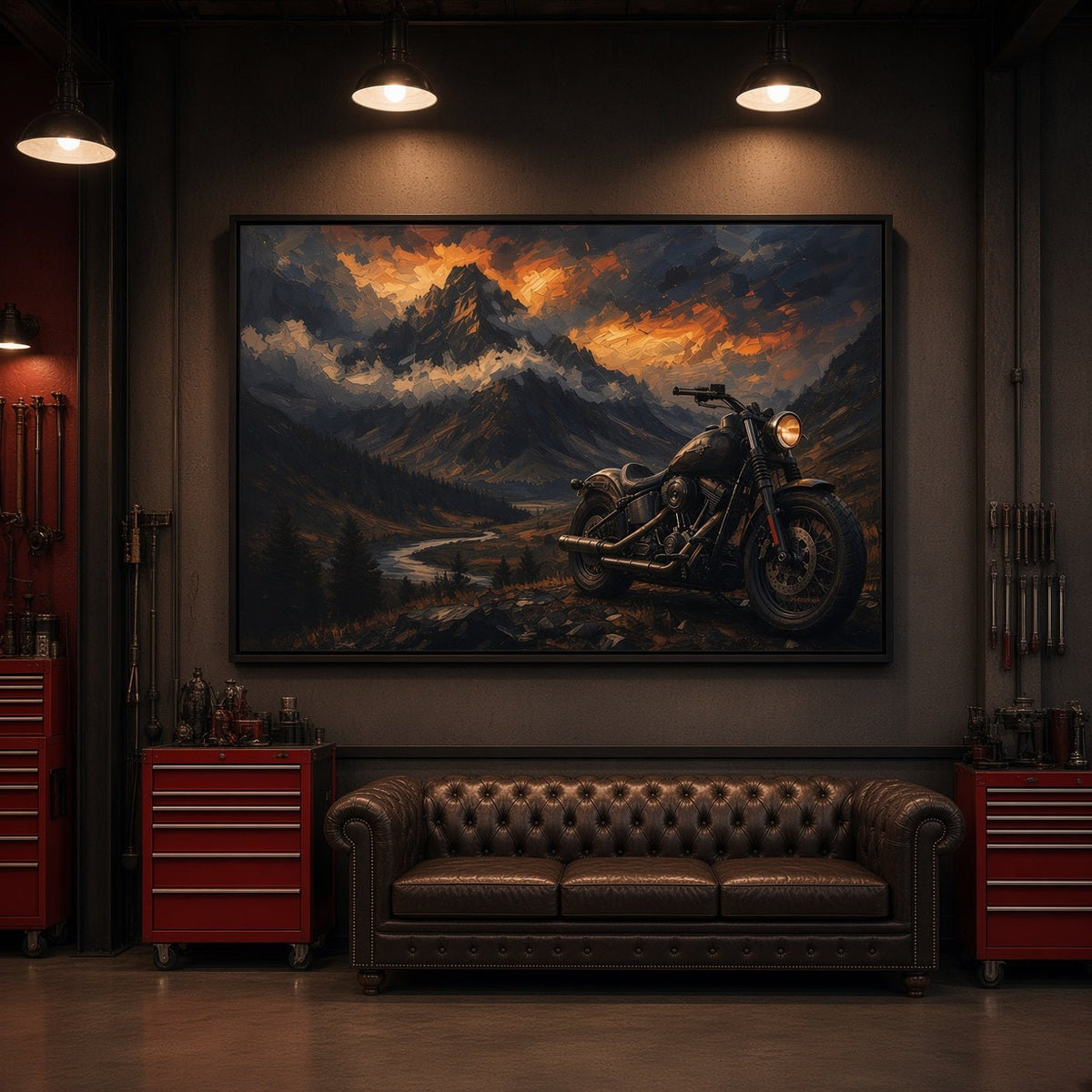 Black framed motorcycle landscape canvas art featuring a motorcycle on a winding mountain road