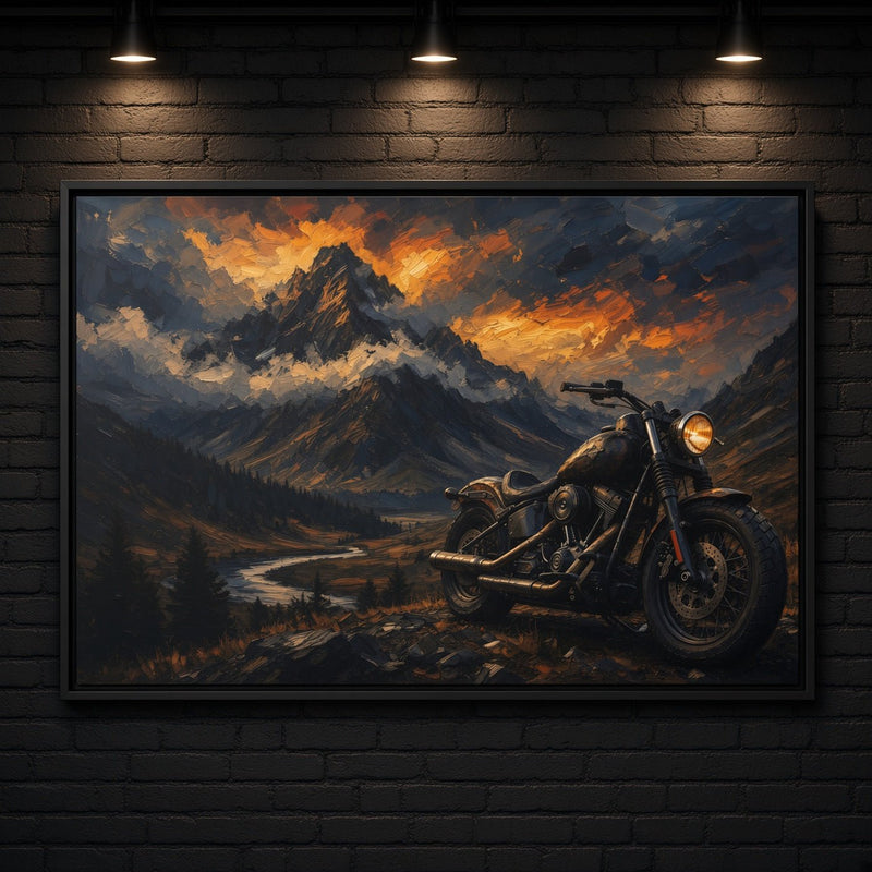 Black framed motorcycle landscape canvas art centered on mountains, road, and fiery sky