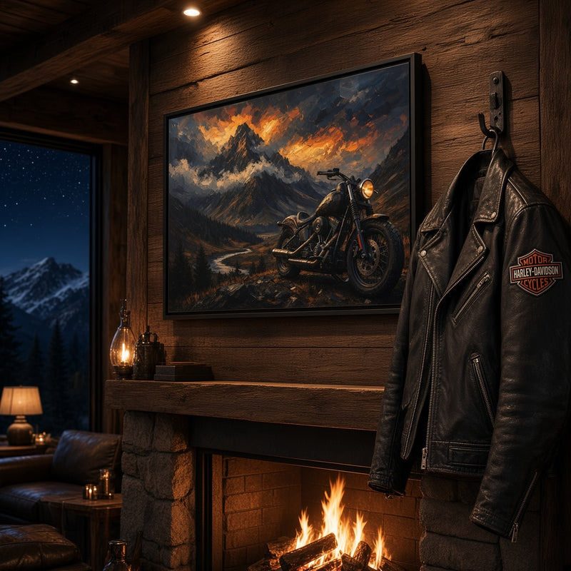 Black framed motorcycle landscape canvas art with sunset glow, mountains, and parked bike