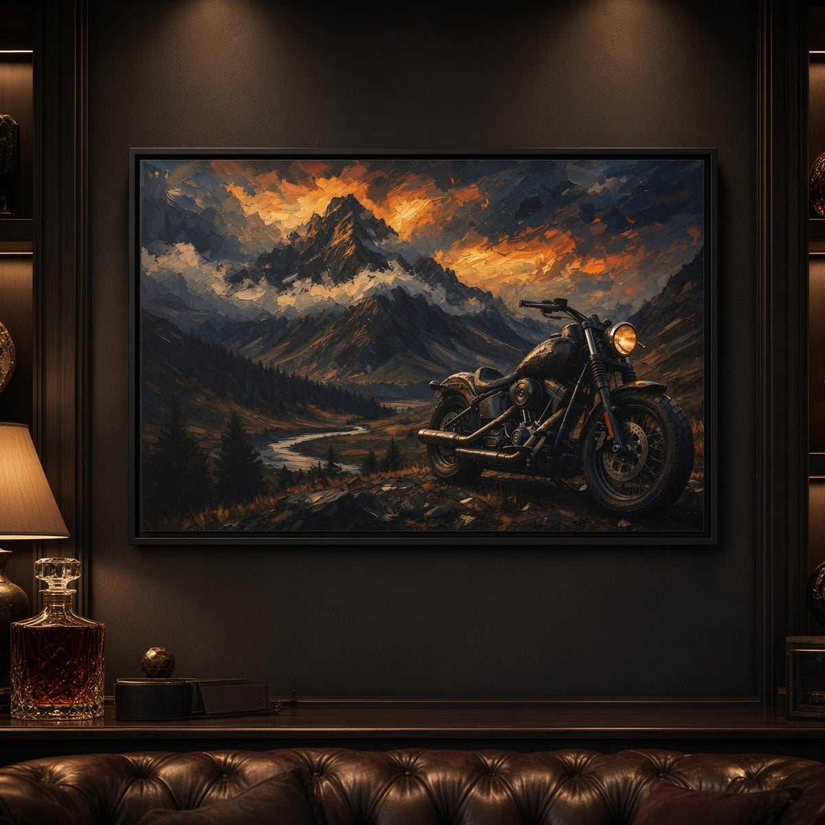 Framed matte canvas motorcycle landscape art, black frame, motorcycle in mountain valley at dusk