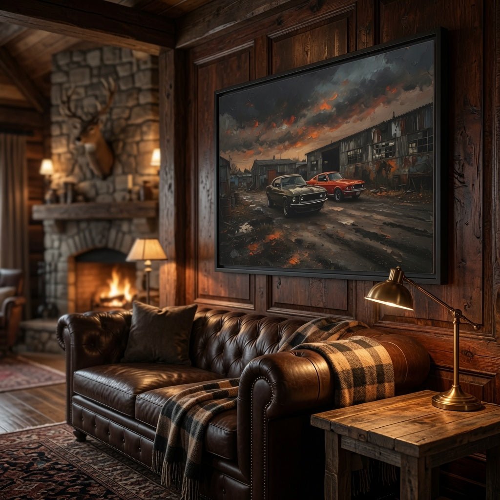 Framed matte canvas print featuring two classic cars in a gritty roadside garage scene