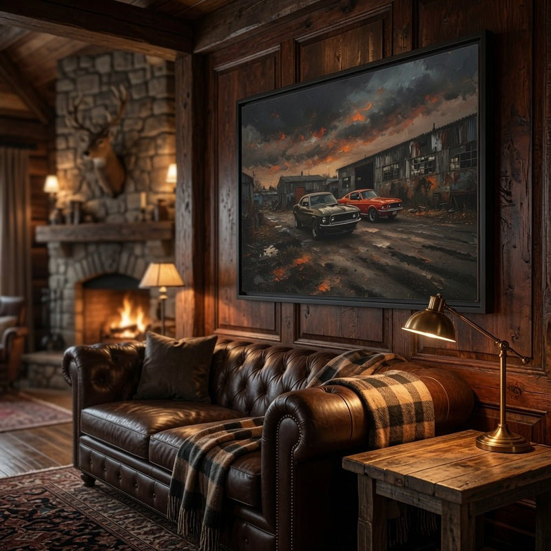 Framed matte canvas print featuring two classic cars in a gritty roadside garage scene
