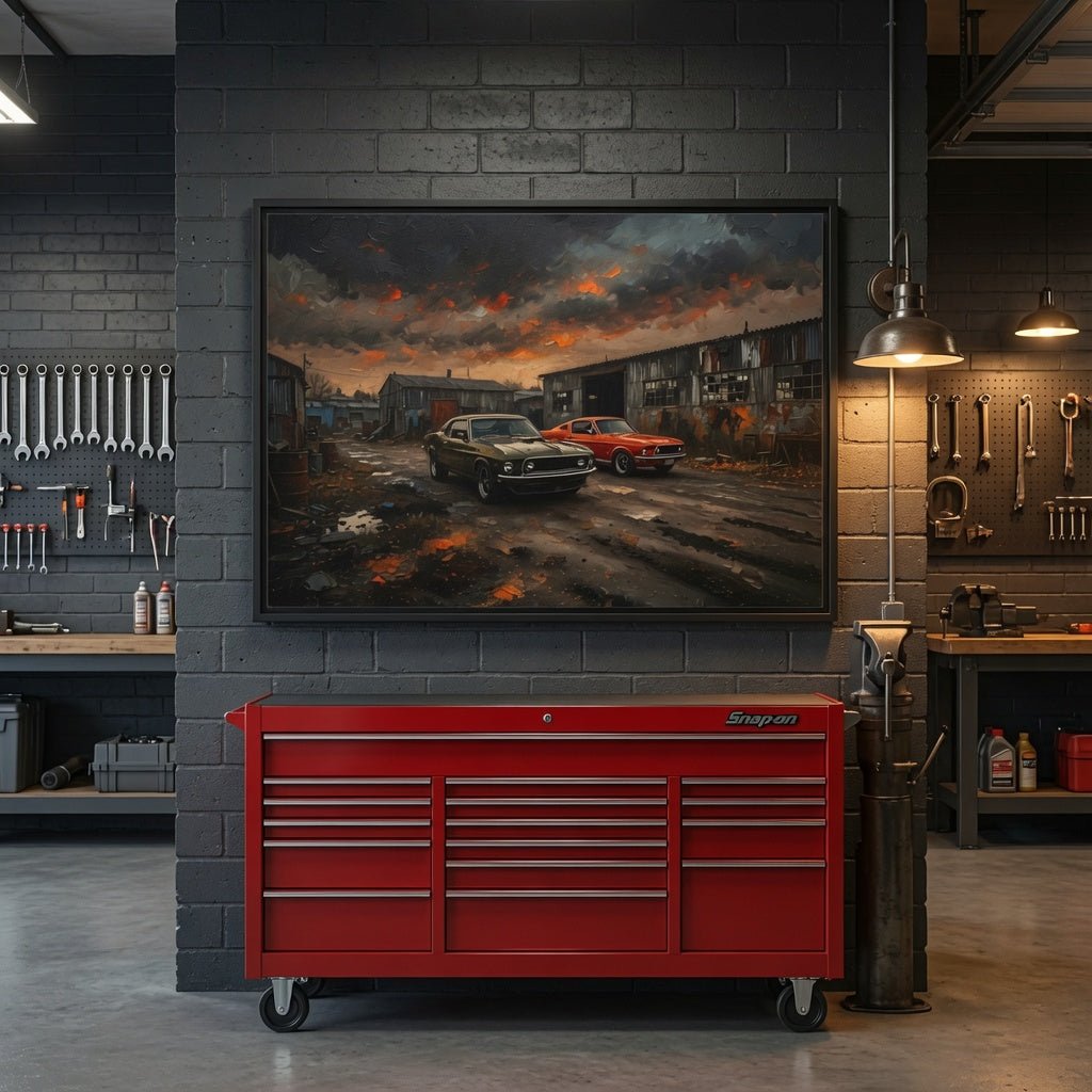 Framed matte canvas print of classic cars in an old town street, two cars front view