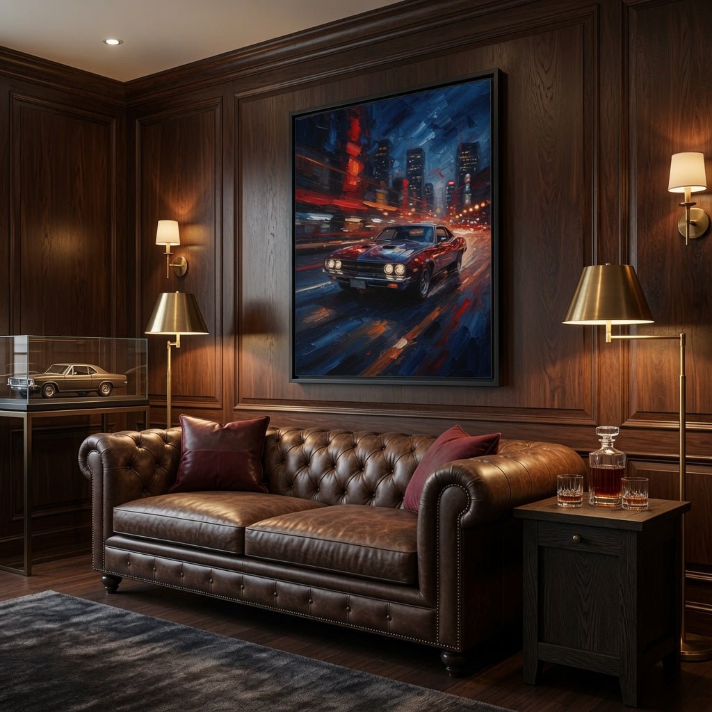 Black-framed matte canvas print of a red muscle car in a neon city at night