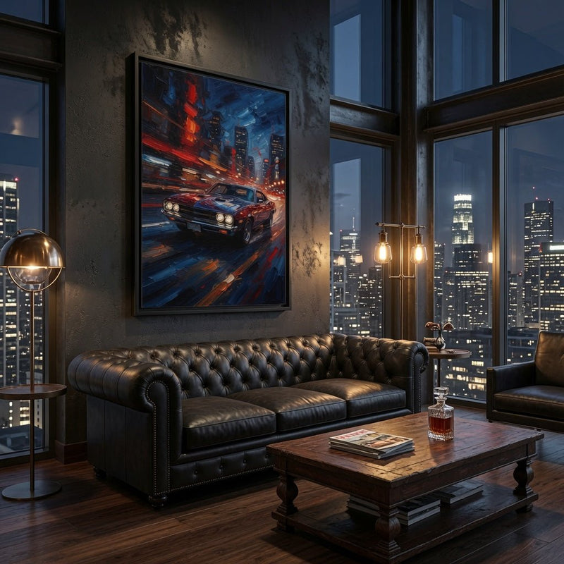 Black-framed matte canvas print showing a red muscle car on a neon city street at night