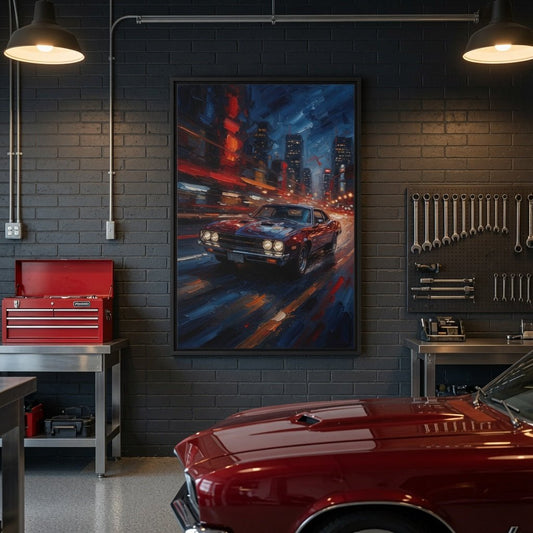 Black-framed matte canvas print featuring a red muscle car driving through a neon city night