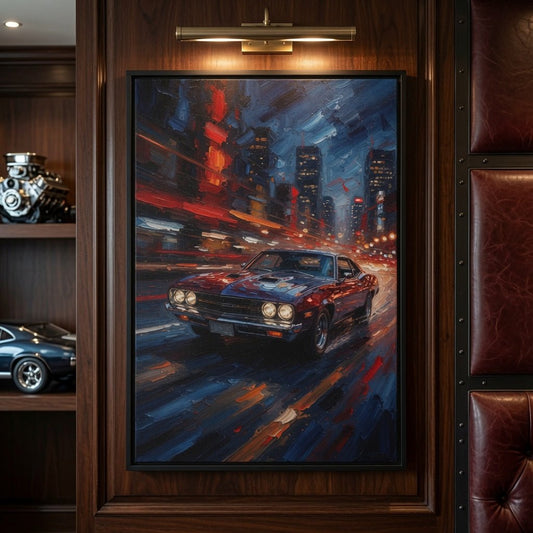 Black-framed matte canvas print with red muscle car and neon skyscraper lights at night
