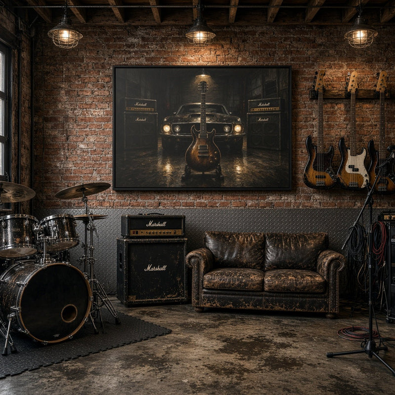 Garage Anthem | Muscle Car & Guitar Framed Canvas