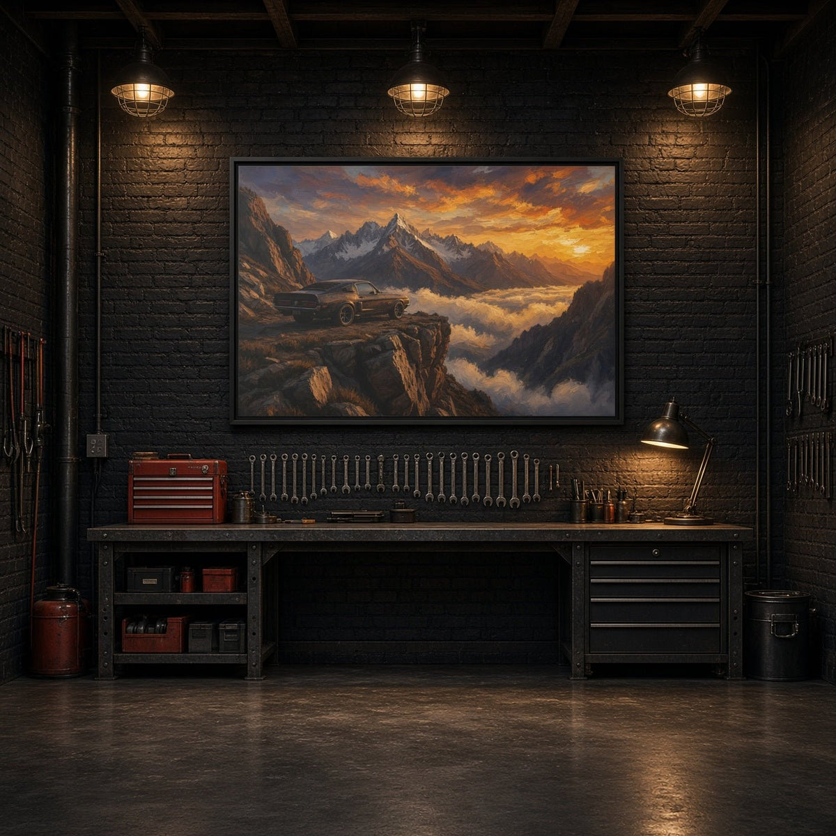Black-framed canvas wall art with mountain landscape, clouds, and muscle car at golden hour