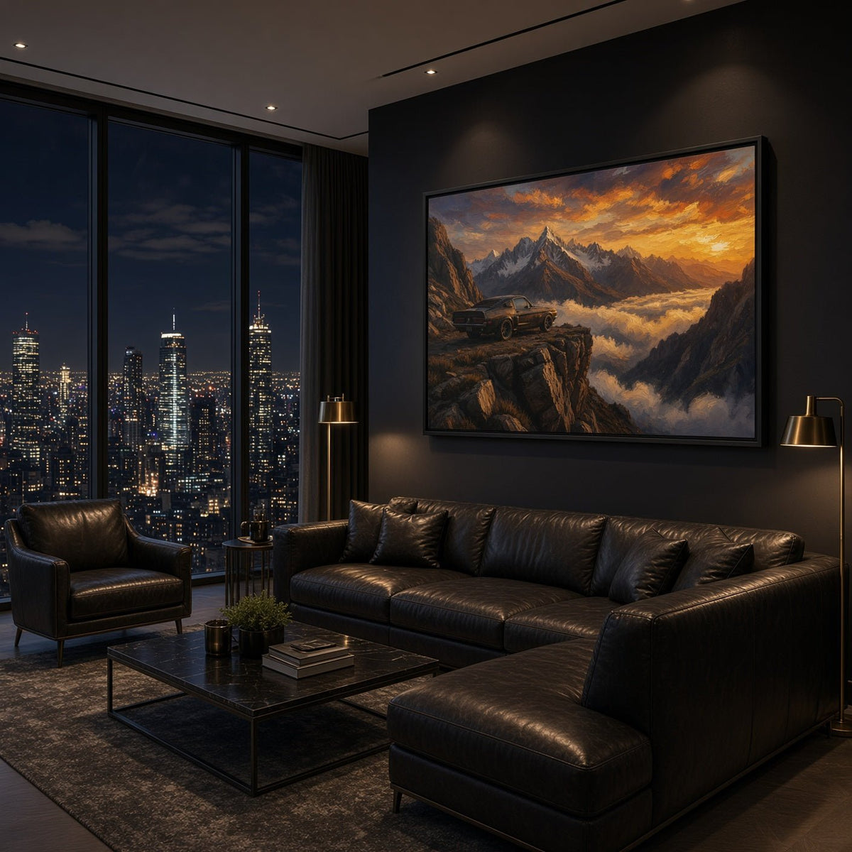 Black-framed canvas wall art showing a vintage muscle car in a mountain landscape