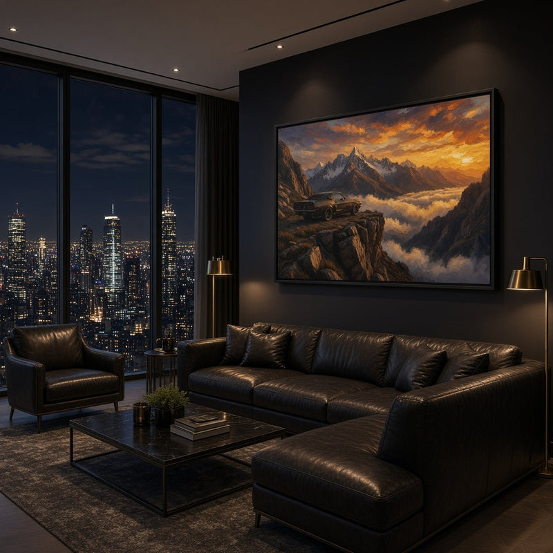 Black-framed canvas wall art showing a vintage muscle car in a mountain landscape
