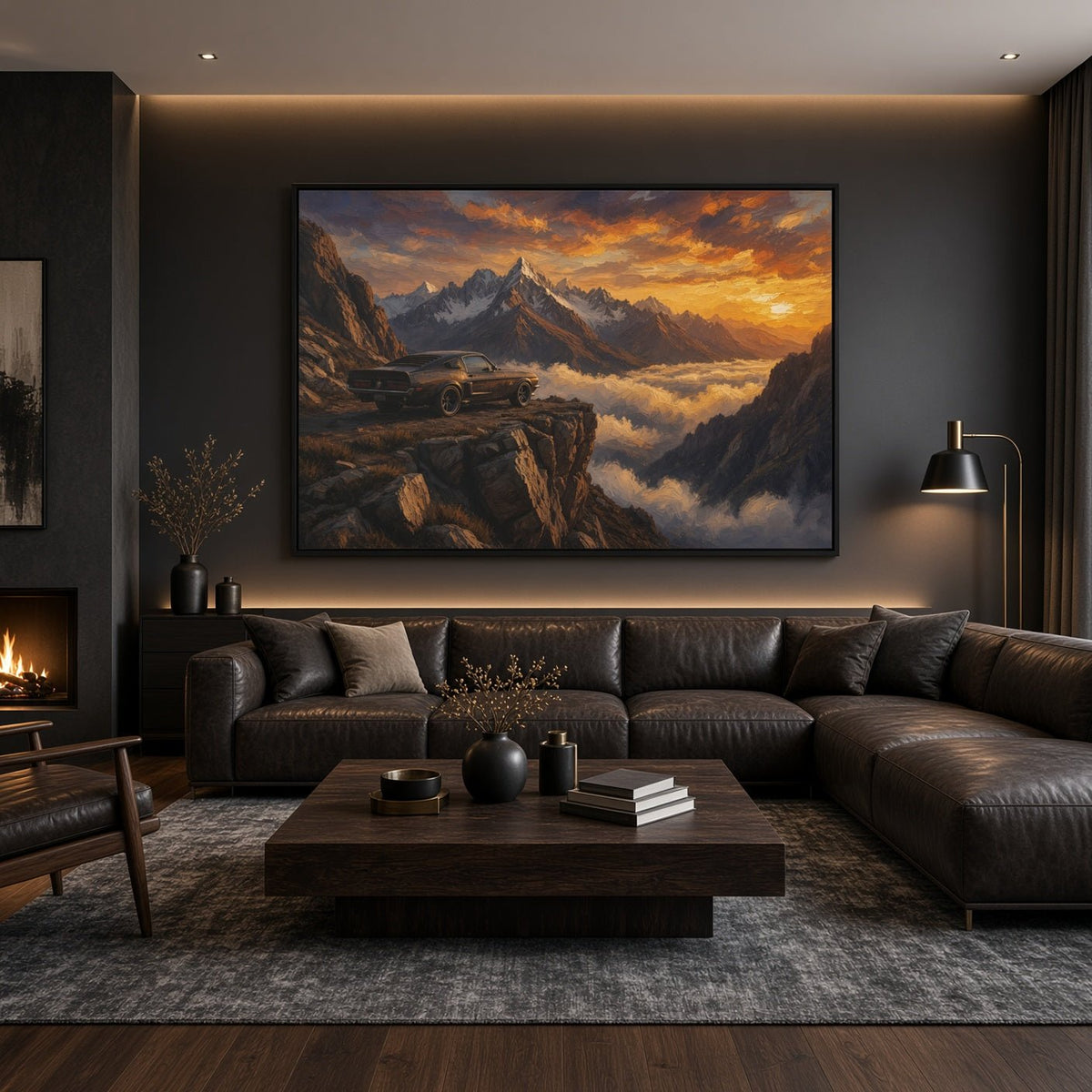 Black-framed canvas wall art depicting a muscle car on rocky ledge above misty valley at sunset