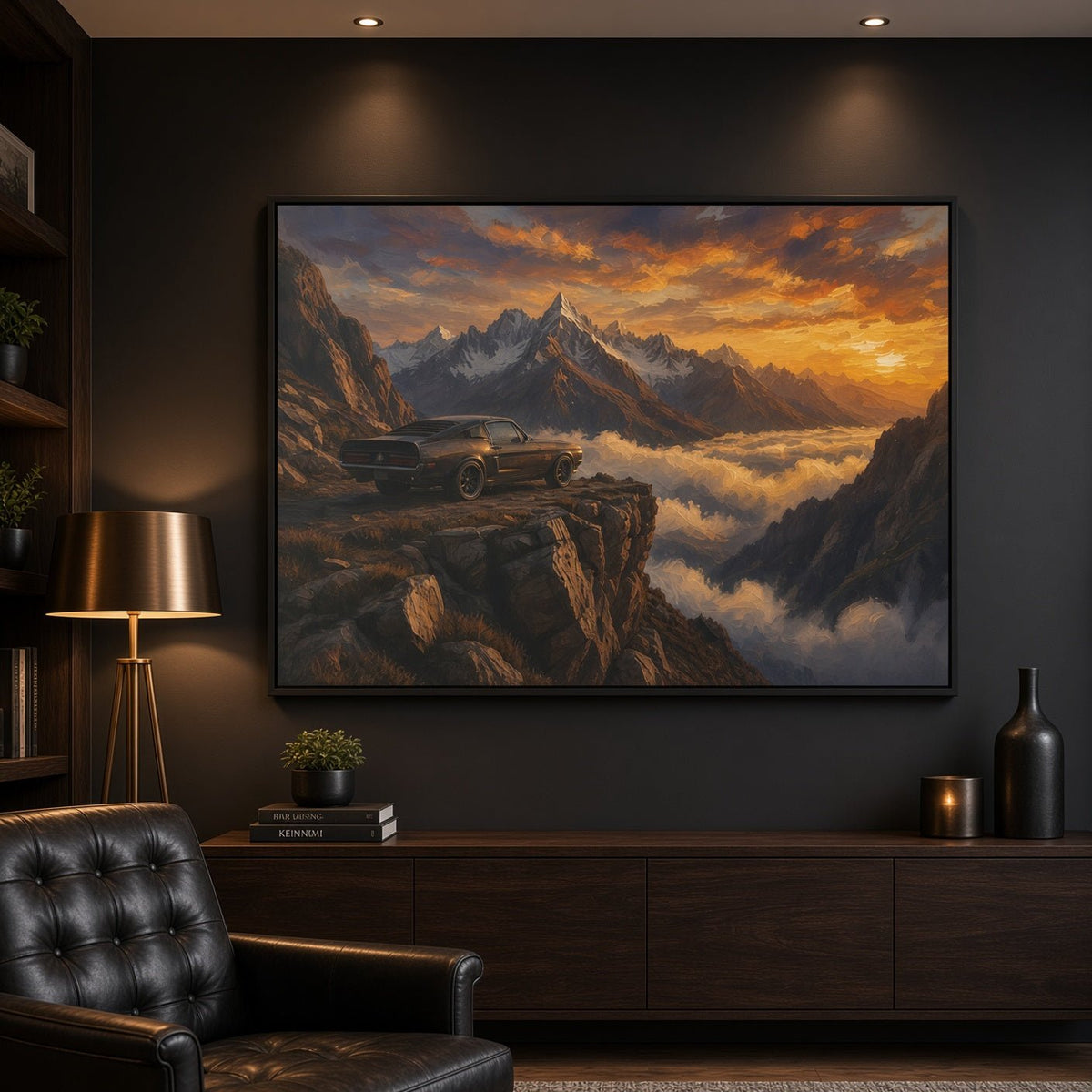 Framed canvas wall art with a vintage muscle car and misty mountain peaks under a warm sky