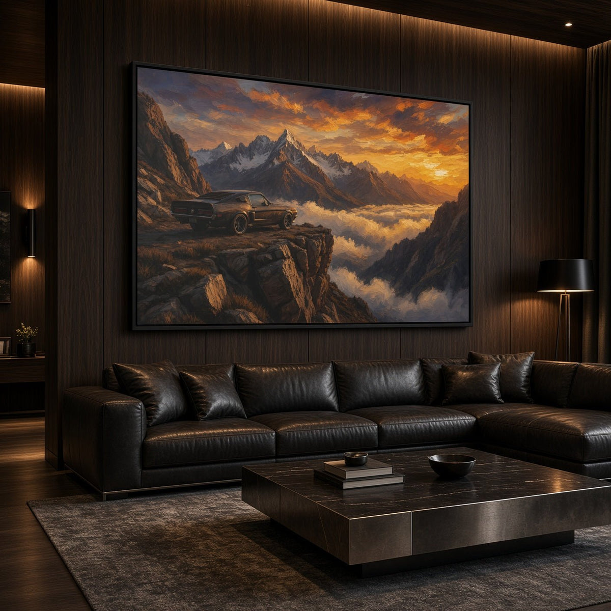 Black-framed canvas wall art depicting a vintage muscle car on cliff rocks at sunset
